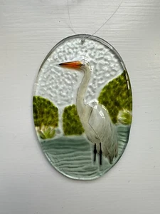 Rare Pressed Art Glass Egret Heron Bird Sun Catcher Ornament Window Hanging 4” - Picture 1 of 4