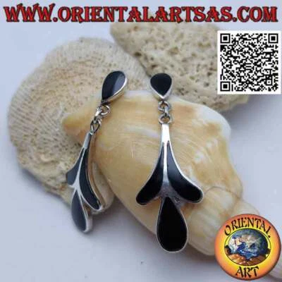 Orecchini Argento 925‰ a forma di ibisco con onice a filo bordo liscio - Immagine 1 di 4