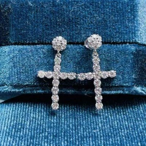 1 Ct Round Lab Created Diamond Cross Dangle Earrings 14K White Gold Finish - Picture 1 of 4