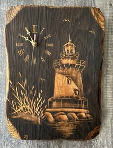 Hand Carved Wood Sign Lighthouse Clock 1970s Hanging 11”x16” Working Nautical - Picture 1 of 10