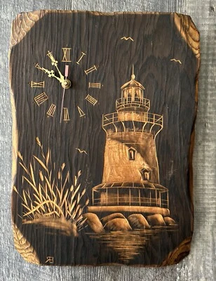 Hand Carved Wood Sign Lighthouse Clock 1970s Hanging 11”x16” Working Nautical - Image 1 of 4