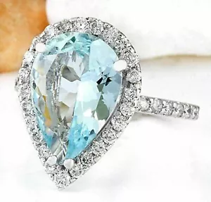 3.66 Ct Aquamarine Lab Grown CVD Diamond Solitaire Ring 14K Solid White Gold - Picture 1 of 5