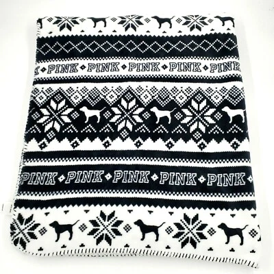 Victoria Secret Pink SHERPA DOG BLACK SNOWFLAKE FAIR ISLE PLUSH HOLIDAYS BLANKET - Image 1 of 4