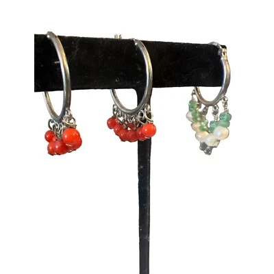 Висячие серьги-кольца из стерлингового коралла с настоящим жемчугом 3 пирсинга богемное украшение - Изображение 1 из 4