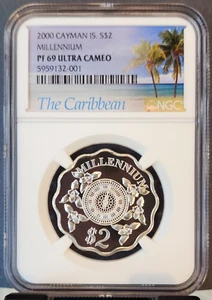 2000 CAYMAN ISLANDS SILVER 2 DOLLARS MILLENNIUM NGC PF 69 ULTRA CAMEO SCARCE - Picture 1 of 3