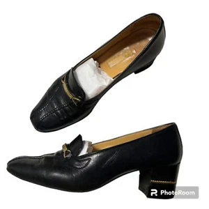 Vintage Gucci Black Leather Loafers Gold Chain Accent 2" Block Heel Shoe Sz 39 B - Picture 1 of 14