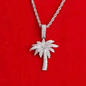1 Ct Round Cut Lab Created Moissanite Palm Tree Pendant 14K White Gold Plated - Picture 1 of 12