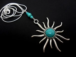 A LOVELY TIBETAN SILVER SUN THEMED TURQUOISE NECKLACE. 18" SNAKE CHAIN - Picture 1 of 1