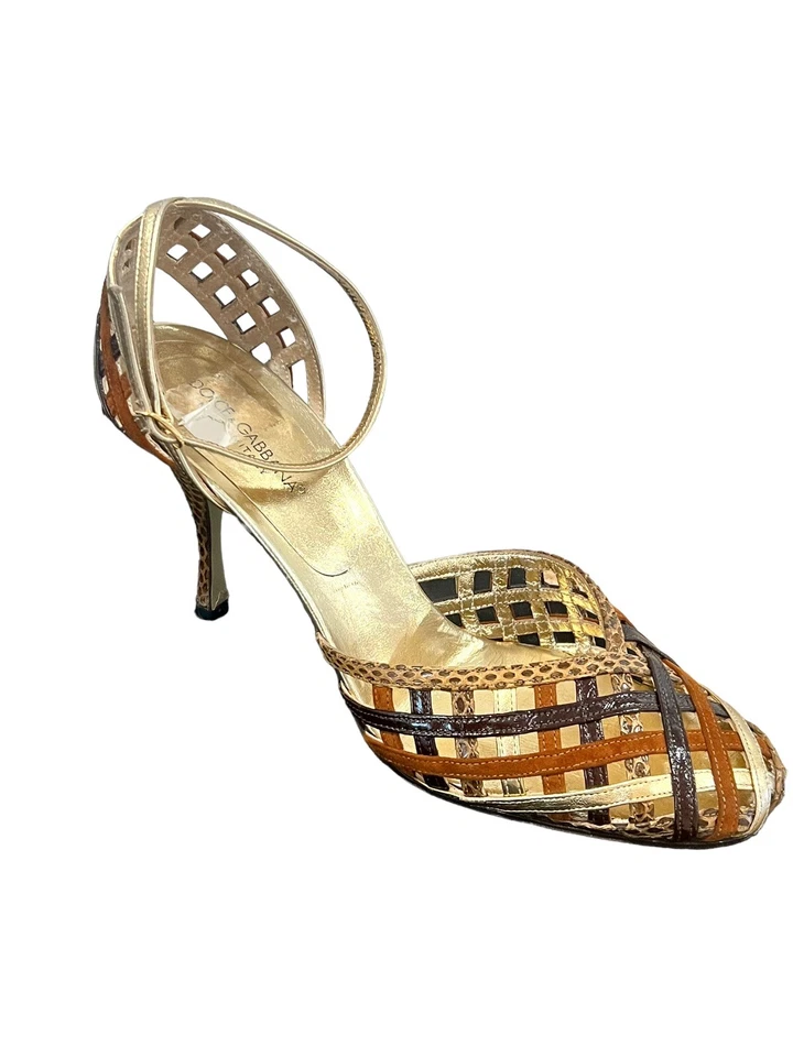 Tacones de salón Dolce & Gabbana Ayers de piel de serpiente y oro enjaulados D'Orsay 39,5 9,5 $625 Foto 1 de 4