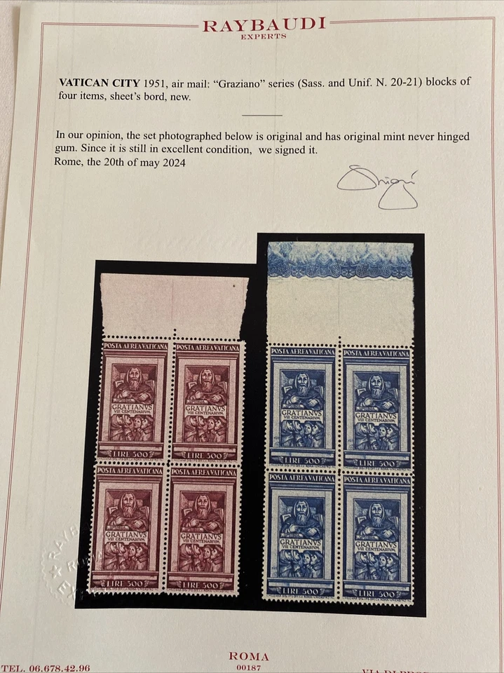 Vatican Block Margin Graziano Air Mail Rare MNH RAYBAUDI certificate of autentic - Image 1 of 1