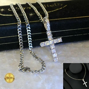 Mens Women Simulated Diamond Pave Cross Pendant  4mm Thick Curb Chain 24" UNISEX - Picture 1 of 10