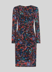 Whistles Maria Mari Print Side Ruched Silk Bodycon Dress Red Multi Size 4 E36 - Picture 1 of 11