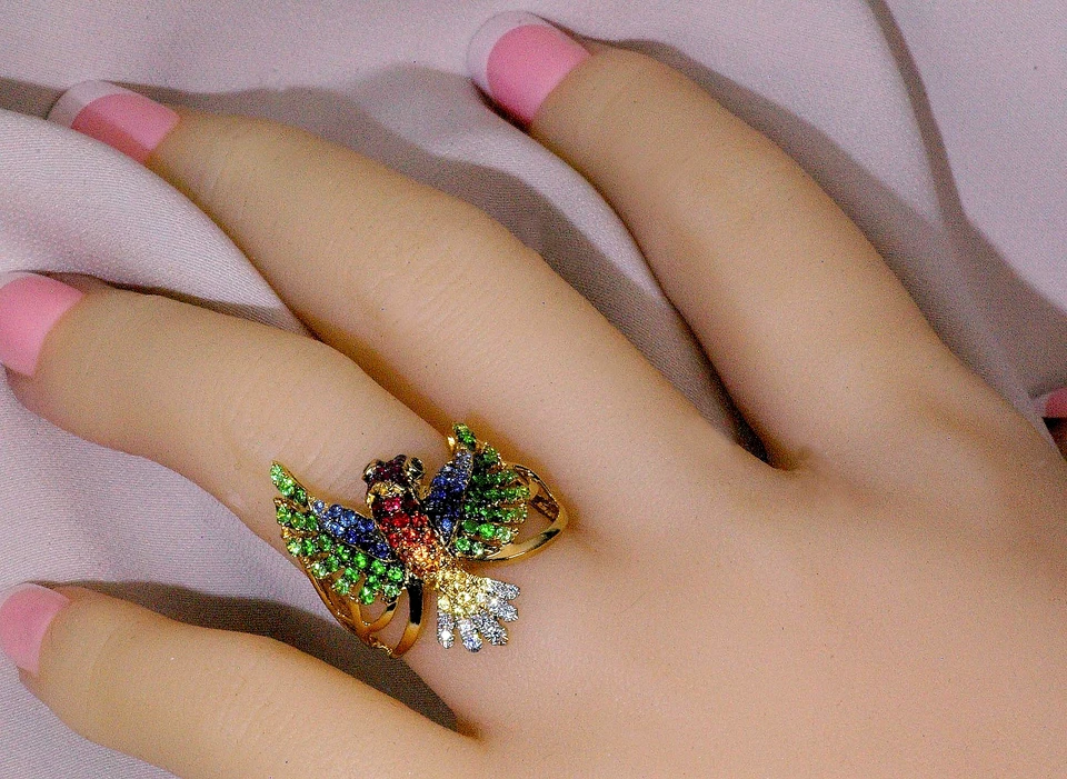 18k, BIRD RING, MULTI COLOR GEM, DIAMOND, RUBY, BLUE SAPPHIRE, GREEN GARNET - Image 1 of 4