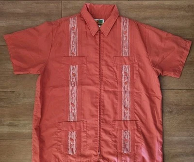 The Genuine Haband Guayabera Lg  Coral/Orange Full Zip Embroidered 4 Pockets - Image 1 of 4