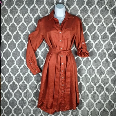 Vestido Magaschoni de Lino Extra Pequeño Óxido 100% Botón Frontal Cinturón Camisa Midi Foto 1 de 4