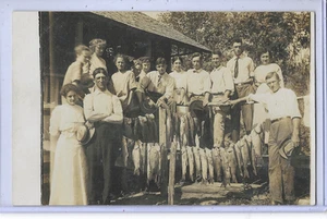 Real Photo Postcard RPPC - Fishing Fishermen - Men and Women with Fish Display - Picture 1 of 2