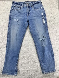 American Eagle 90s Low Rise Straight Blue Denim Jeans Size 10 Short Distressed - Picture 1 of 9