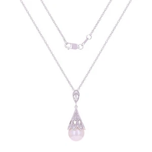 14k Weißgold Diamant & Süßwasserperlen 9mm Anhänger Halskette 18" - Bild 1 von 4