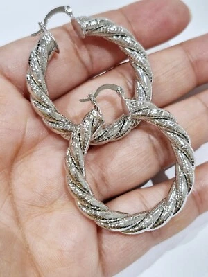 Women White Gold Filled Hoop Earrings 37mm In Diameter  — 第 1/4 张图片