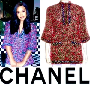 5K Chanel 2016 Red Tweed Sweater Long Jacket Dress 36 38 40 4 6 8 Top Logo S M L - Picture 1 of 24