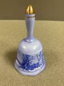 CURRIER & IVES-THE FARMERS MILL IN WINTER-BLUE CERAMIC DINNER BELL Japan - Picture 1 of 6