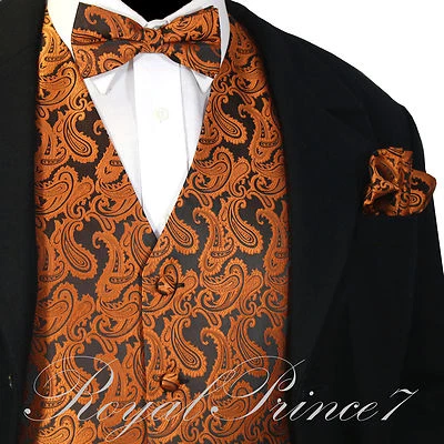 Rust Orange Paisley Tuxedo Suit Dress Vest Waistcoat & Bow tie And Hankie Set - Image 1 of 4
