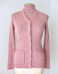 Vtg 70s Mod Sparkly Silver Pink Cardigan 2-Pc Pocket Twinset T-Neck Sweater Jr S - Picture 1 of 11