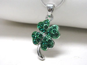 NEW CRYSTAL SHAMROCK GREEN FOUR LEAF CLOVER ST. PATRICK'S DAY PENDANT NECKLACE - Picture 1 of 1