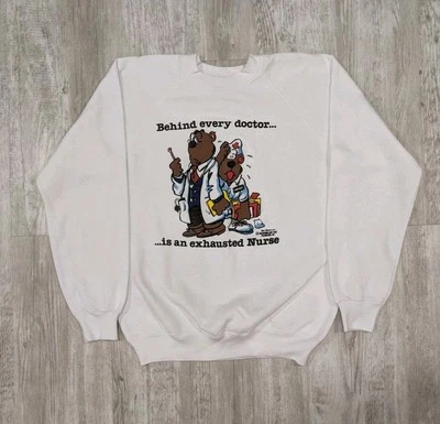 Sudadera De Colección Años 80 ENFERMERA Divertida Osos Doctor Raglán Talla Mediana Blanca EE. UU. Foto 1 de 4