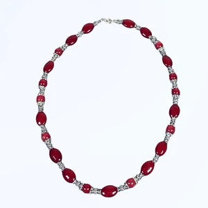 Handmade Red Dyed Stone Beaded Necklace Silvertone Artisan Single Strand Jewelry - Picture 1 of 10