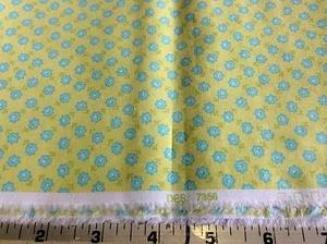 FABRIC FINDERS #7356 LIME COTTON WITH AQUA FLOWERS-60 INCH WIDE- 1 5/8 YARDS - Picture 1 of 2