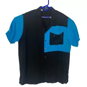 BOCCI Men Silk Shirt Size XL Blue Black Color Block Short Sleeve Button Down - Picture 1 of 6