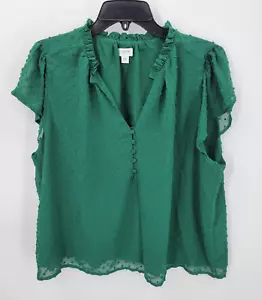 J Crew Top Womens XXL Kelly Green Swiss Dot Futter Sleeve Ruffle Neck Popover - Picture 1 of 9