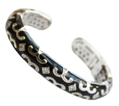 Brazalete Brazalete Lauren G Adams Negro Esmalte Pergamino Circonita cúbica Doble Bisagra LGA  Foto 1 de 4