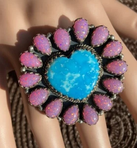 STERLING BLAUER STEIN HERZ ROSA LABOR OPAL CLUSTER VERSTELLBAR RING - Bild 1 von 6