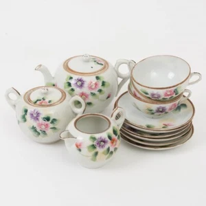 Antique 12 Pc Nippon Porcelain Tea Set Teapot Creamer Sugar Cups Saucers Blossom - Picture 1 of 9