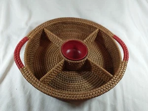 Chip and Dip Set. Woven Basket 12" Rattan Seagrass . Red Bamboo Dip Bowl 3". - Picture 1 of 13