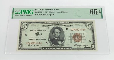 1929 $5 National Dallas Fr #1850-K (KA Block) Graded by PMG Gem Unc 65 EPQ - Image 1 of 4
