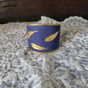 Rare Henry a la Pensee Paris Blue Suede Gold Tone Leaf Hinged Cuff Bracelet - Picture 1 of 7