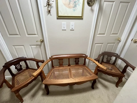 Rare Find Vintage Solid Padauk Wood Lyre Back Cane Seat Settee and Chairs Cover