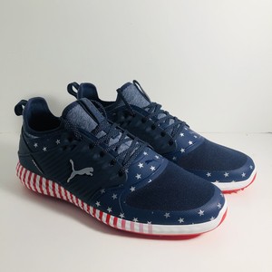 red white and blue puma golf shoes