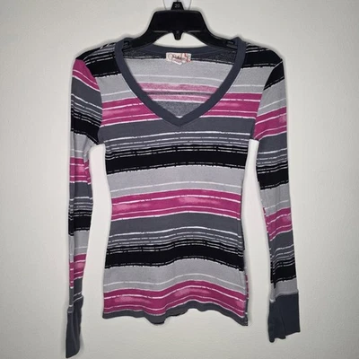 Y2K 2000s Ocean Pacific Rosa, Negro y Gris Rayas Manga Larga Cuello en V - Talla M Foto 1 de 4