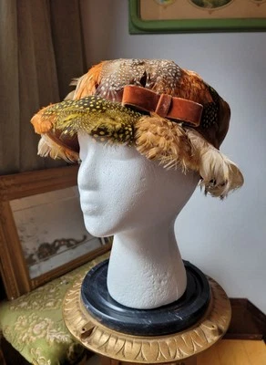 Vintage Mr. Sal Originals New York Pheasant Feather Burnt Orange Velvet Bow Hat - Image 1 of 4