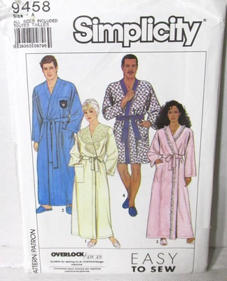 Simplicity 9458 Pattern Wrap Robe w Belt Unisex Men Misses Teen Sizes XS - XL UC - Image 1 of 4