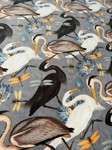 Heron Velvet Fabric Birds Dragonfly Lily Upholstery Curtain 152cm Wide Grey - Picture 1 of 9