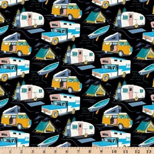 Retro Roadtrip schwarz Road Trip Fahrzeuge 12084 100% Baumwollstoff von halber Yard - Bild 1 von 4