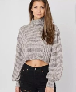 Free People Sz XS Cropped Mock Neck Balloon Sleeve Top Waffle Knit Cozy - Picture 1 of 5