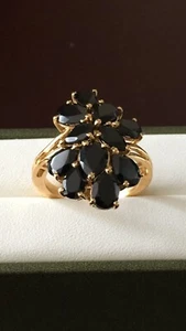 Stunning Sterling Silver 14K Gold Plated Black Spinel Cluster Ring - Picture 1 of 6
