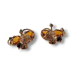 Vtg Large Amber Rhinestone Gold Tone Filigree Twisted Frames Clip-On Earrings - Picture 1 of 21