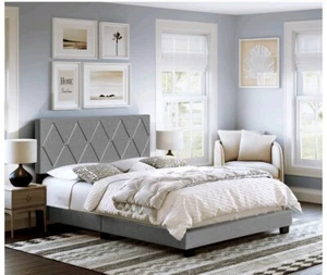 NEW Diamond Stitched Upholstered Platform Bed Full Gray Modern Furniture Linen - Picture 1 of 13